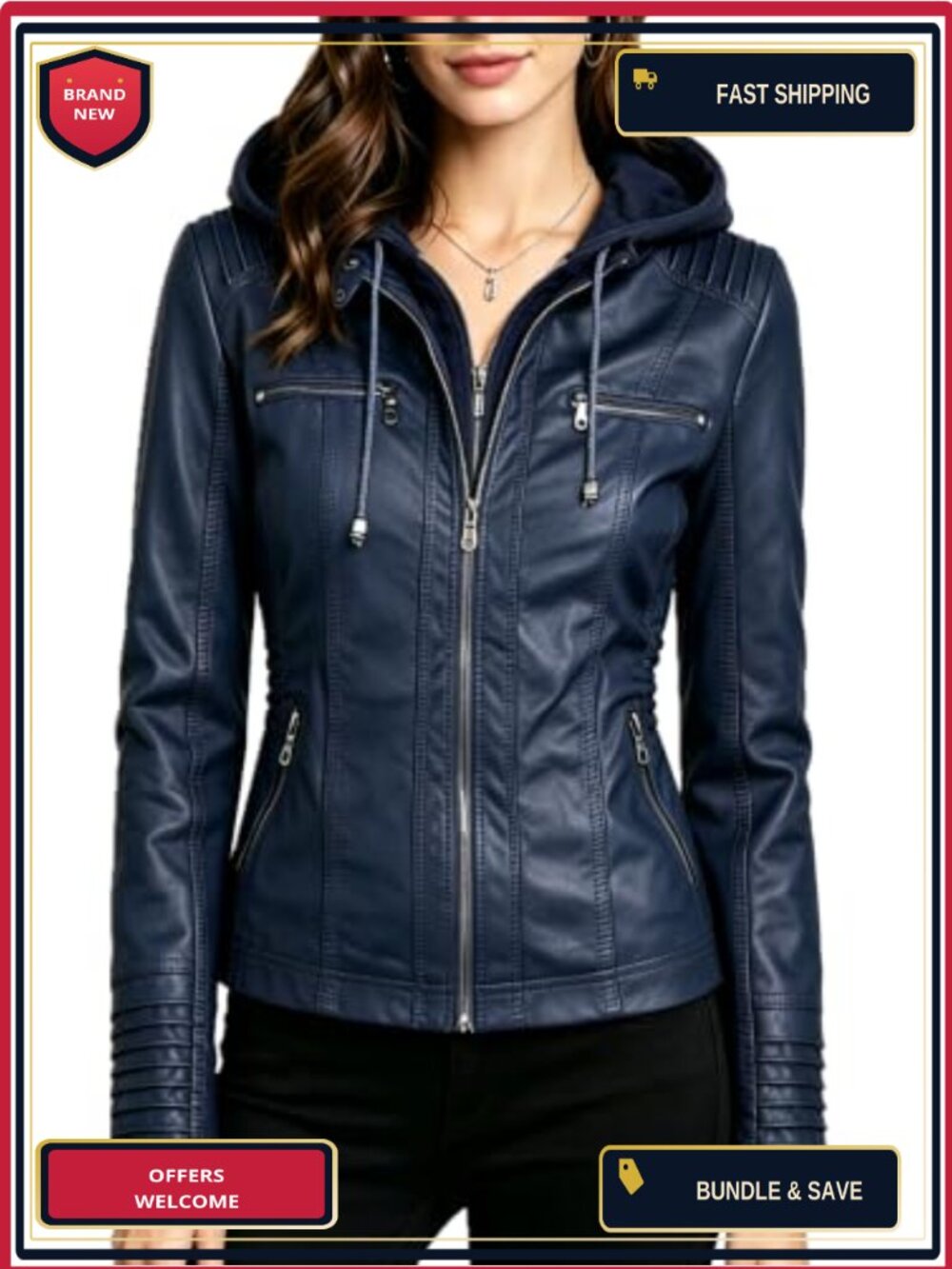 Faux Leather Motorcycle Jacket with Detachable Hood for Women